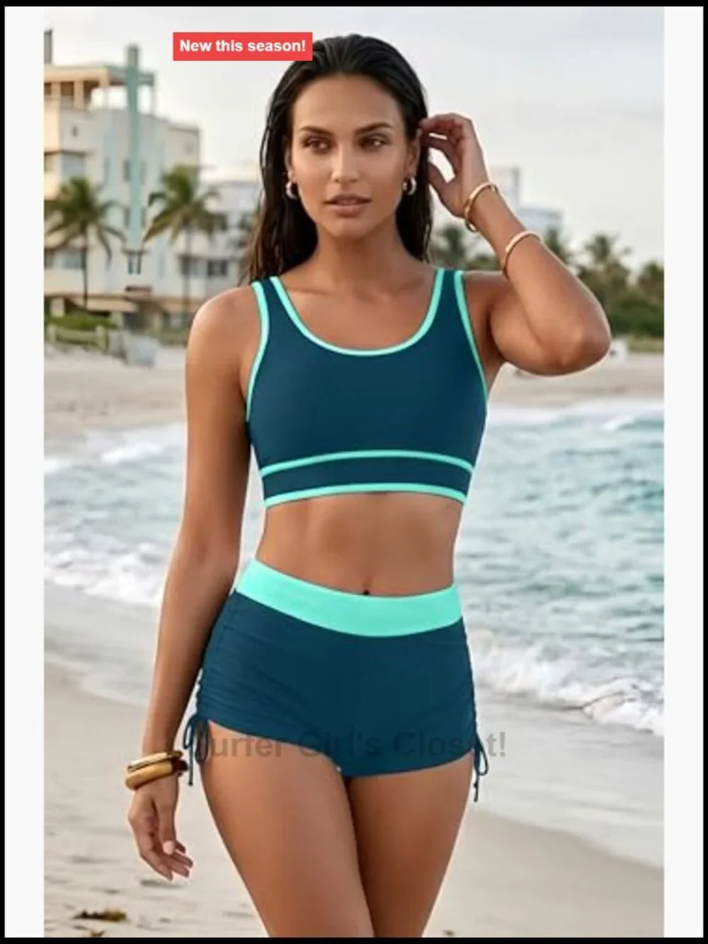 Women's Sporty Bikini Set Two Piece Color Block High Waisted Boy Shorts Bottom
